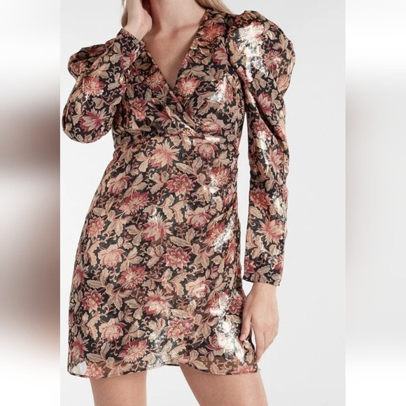 EXPRESS Floral Metallic Gold Puff Sleeve Shoulder Sheath Wrap Dress Size large - Picture 1 of 15